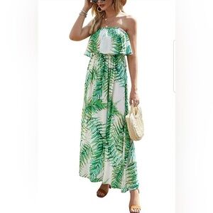 Strapless Green Palm-Print Maxi Dress